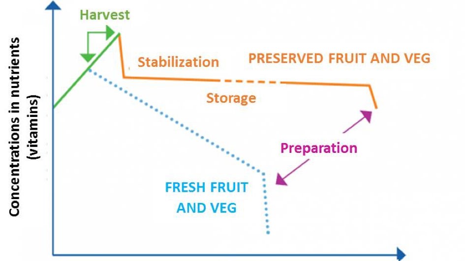 Disminución del contenido de vitaminas (en eje de ordenadas) s lo largo del tiempo postcosecha (en eje de abscisas). Fuente INRA 2007